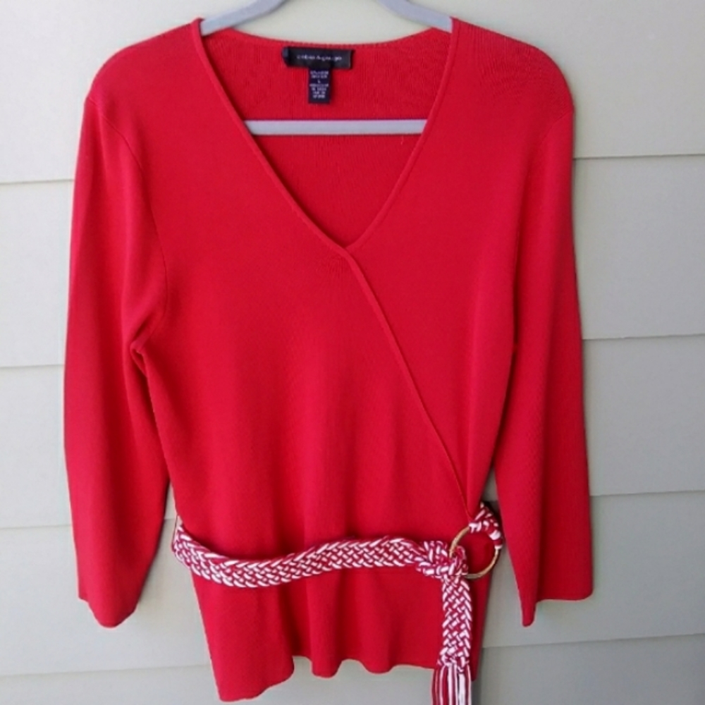 Cable & Gage Womens Red V-Neck Sweater 3/4 Sleeve Woven Red & White Belted Sz L